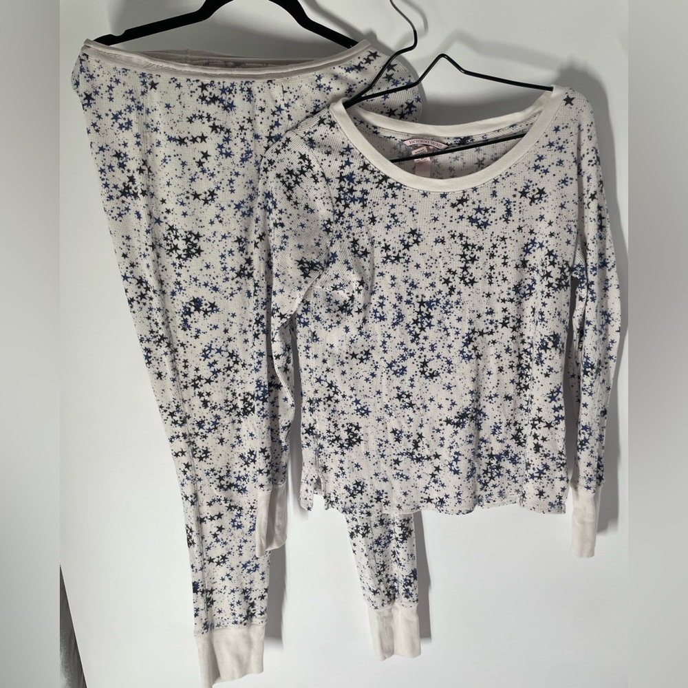 Victoria's Secret Blue and White Knit Top and Bottom Pajama Set